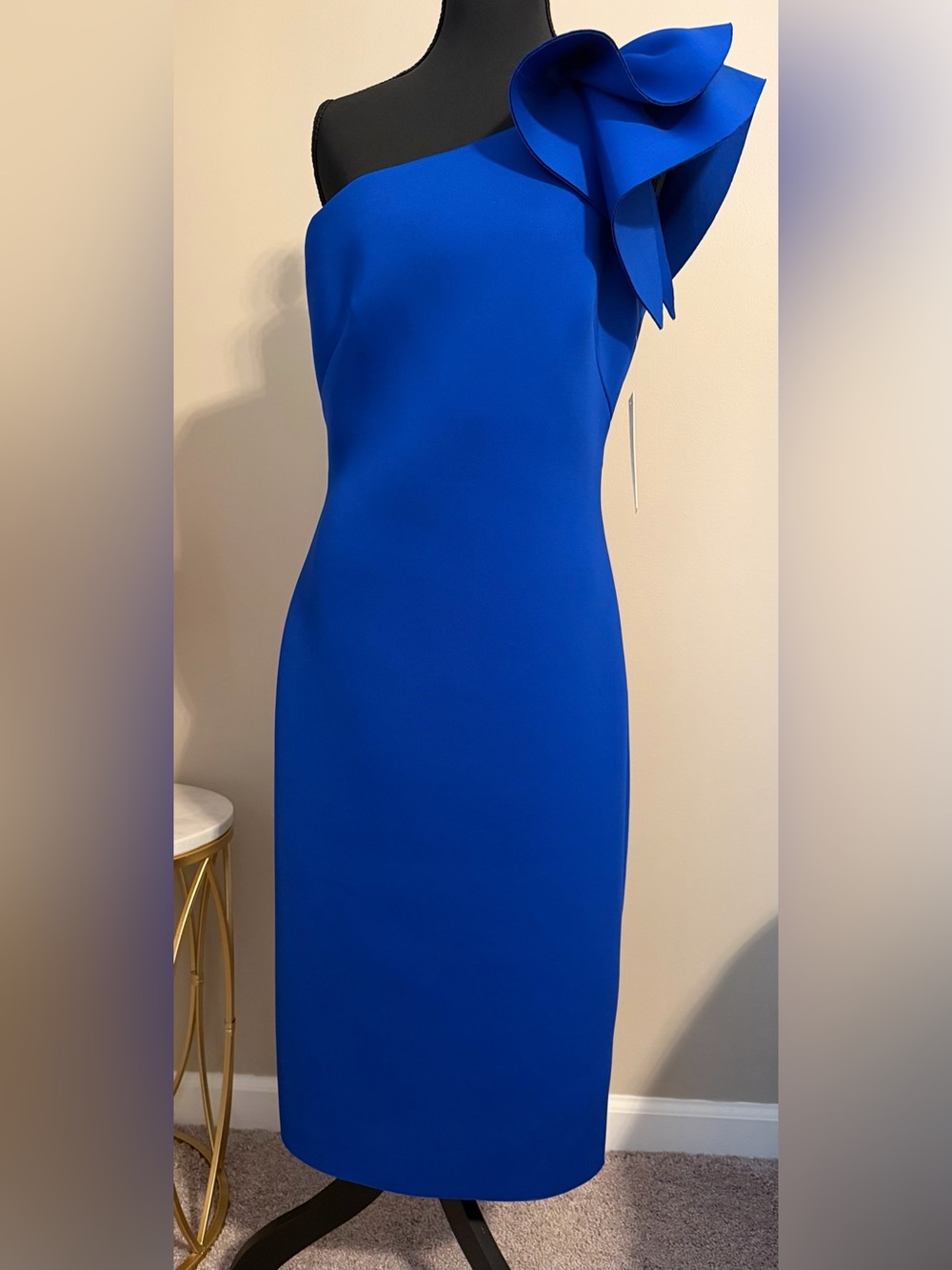 Eliza J One-Shoulder Royal Cobalt Sheath Dress with Sculpted Floral Accent